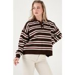 Lela Çizgili Oversize Fit Düğmeli Bayan Polo Yaka Kazak 4615259 KAHVE