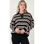 Lela Çizgili Oversize Fit Düğmeli Bayan Polo Yaka Kazak 4615259 SİYAH