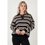 Lela Çizgili Oversize Fit Düğmeli Polo Yaka Kazak Bayan Polo Yaka Kazak 4615259 - Siyah - Standart