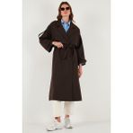 Lela Çizgili Oversize Kruvaze Yaka Kuşaklı Uzun Trençkot Bayan Trençkot 6839583 - Kahve - Standart