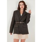 Lela Çizgili Yün Karışımlı Oversize Fit Kruvaze Yaka Kemerli Bayan Ceket 6839634 VİZON