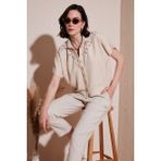 Lela Dantelli Relaxed Fit Kısa Kollu Gömlek Bayan Gömlek 5865764 - Taş - XL