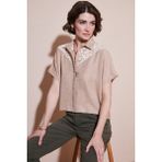 Lela Dantelli Relaxed Fit Kısa Kollu Gömlek Bayan GÖMLEK 5865764 - Taş