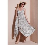 Lela Desenli Asimetrik Kesim Regular Fit Midi Boy Askılı Bayan Elbise 5866126 Olive