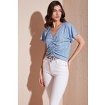 Lela Desenli Önü Büzgülü V Yaka Crop Bayan Bluz 5864486Y4 BEBE MAVİ