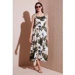 Lela Desenli Oversize Fit Bağlamalı İp Askılı Yuvarlak Yaka Midi Boy Bayan Elbise 5869022 YEŞİL