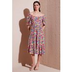 Lela Desenli Oversize Fit Carmen Yaka Büzgü Detaylı Midi Boy Bayan Elbise 67810557 FUŞYA