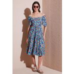 Lela Desenli Oversize Fit Carmen Yaka Büzgü Detaylı Midi Boy Bayan Elbise 67810557 SAKS