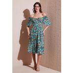 Lela Desenli Oversize Fit Carmen Yaka Büzgü Detaylı Midi Boy Bayan Elbise 67810557 YEŞİL