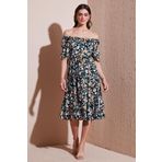 Lela Desenli Oversize Fit Carmen Yaka Büzgü Detaylı Midi Boy Bayan Elbise 6782169 LACİVERT