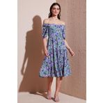 Lela Desenli Oversize Fit Carmen Yaka Büzgü Detaylı Midi Boy Bayan Elbise 6782169 MOR