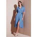 Lela Desenli Regular Fit Yırtmaçlı Midi Boy Kemerli Gömlek Bayan Elbise 6782106 MAVİ