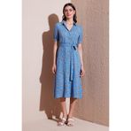 Lela Desenli Regular Fit Yırtmaçlı Midi Boy Kemerli Gömlek Elbise Bayan ELBİSE 6782106