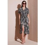Lela Desenli Relaxed Fit Balon Kol Yırtmaçlı Kemerli Midi Boy Bayan Elbise 67810558 LEOPAR