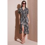 Lela Desenli Relaxed Fit Balon Kol Yırtmaçlı Kemerli Midi Boy Elbise Bayan Elbise 67810558 - Leopar - XL