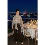 Lela Ekoseli Pamuklu Oversize Fit Fular Yakalı Bayan Panço 6925472 BEJ