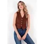 Lela Fitted V Yak Düğmeli Crop Scuba Süet Yelek Bayan Yelek 5865576 - XL - Taba