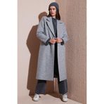 LELA Kadın Gri Kruvaze Yaka Oversize Uzun Kaşe Kaban, XS