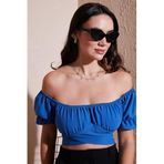 LELA Kadın Mavi Balon Kol Straplez Crop Bluz, S Beden
