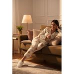 LELA Kadın Pijama Takımı, Viskon, Desenli, Bej, Düğmeli, Uzun Kol, Gömlek Yaka, M Beden