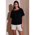 LELA Kadın Regular Fit Kare Yaka, Kısa Kollu, Güpürlü Bluz, Siyah, S