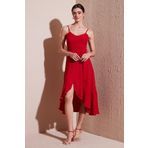 Lela Kemer ve Düğme Detaylı Volanlı Regular Fit Midi Boy Bayan Elbise 67810145 KIRMIZI