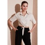 Lela Keten Görünümlü Bağlamalı Kısa Kollu Crop Gömlek Bayan Gömlek 611AU00710 - XL - Ekru