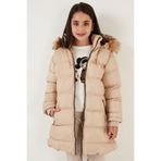 LELA Kız Çocuk Mont, Kapüşonlu, İçi Peluş Astarlı, Suya Dayanıklı, Bej, 7 Yaş