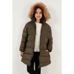 LELA Kız Çocuk Mont, Peluş Astarlı, Kapüşonlu, Suya Dayanıklı, Haki, 9 Yaş
