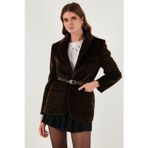 Lela Leopar Desenli Regular Fit Kemer Detaylı Peluş Dokulu Blazer Bayan Ceket 6839614 KAHVE