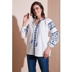 Lela Nakış İşlemeli Pamuklu Oversize Fit Bağlamalı V Yaka Bayan Bluz 676271 EKRU