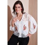 Lela Nakış Işlemeli Pamuklu Regular Fit Ajurlu V Yaka Gömlek Bayan Gömlek 676214 - Beyaz - S