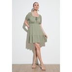 Lela Önü Büzgülü Balon Kollu Mini Elbise Bayan Elbise 5869005 - Olive - XL