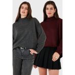 Lela Oversize Fit Balıkçı Yaka Yumuşak Dokulu 2'li Paket Triko Kazak Bayan Kazak 680KZ00469S2 - Antrasit - Bordo