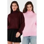 Lela Oversize Fit Balıkçı Yaka Yumuşak Dokulu 2'li Paket Triko Kazak Bayan Kazak 680KZ00469S2 - Bordo - Pembe