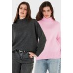 Lela Oversize Fit Balıkçı Yaka Yumuşak Dokulu 2'li Paket Triko Kazak Bayan Kazak 680KZ00469S2 - Pembe - Antrasit