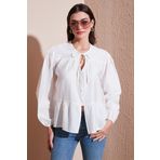 Lela Oversize Fit Balon Kol Bağlamalı Yaka Detaylı Bayan Gömlek 6772618 BEYAZ