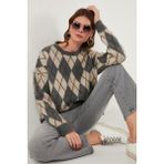 Lela Oversize Fit Bisiklet Yaka Baklava Desenli Yumuşak Dokulu Kazak Bayan Kazak 4616223 - Gri - Standart