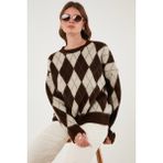 Lela Oversize Fit Bisiklet Yaka Baklava Desenli Yumuşak Dokulu Kazak Bayan Kazak 4616223 - Kahverengi - Standart