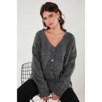 Lela Oversize Fit Düğmeli V Yaka Uzun Kollu Triko Bayan Hırka 4616232 ANTRASİT