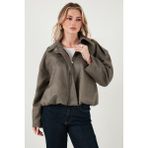 Lela Oversize Fit Klasik Yaka Süet Dokulu Bomber Ceket Mont Bayan Mont 6524932 - Haki