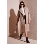 Lela Oversize Fit Mono Yaka Düğmeli Buklet Uzun Kaşe Kaban Bayan Kaban 6810236 - Bej