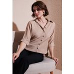 Lela Oversize Fit Önü Kısa Arkası Uzun Truvakar Kol Bayan Gömlek 5866116 BEJ
