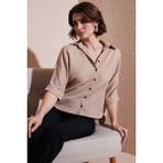 Lela Oversize Fit Önü Kısa Arkası Uzun Truvakar Kol Gömlek Kadın Gömlek 5866116 - Bej