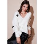 Lela Oversize Fit V Yaka Fiyonk Detaylı Düğmeli Bayan Hırka 4615577 EKRU