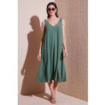 Lela Oversize Fit V Yaka Midi Boy Basic Bayan Elbise 6788688 HAKİ