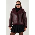 Lela Oversize Kruvaze Yaka Peluş Detaylı Suni Deri Biker Ceket Mont Bayan Mont 6810247 - Bordo