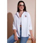 Lela Pamuk Karışımlı Regular Fit Ayıcık Işlemeli Gömlek Bayan Gömlek 6773106 - Beyaz