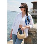 Lela Pamuk ve Keten Karışımlı Regular Fit Kalp Baskılı Gömlek Bayan Gömlek 6779932 - Beyaz - Mavi - XL