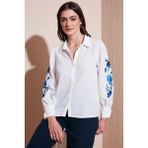Lela Pamuklu Balon Kollu Regular Fit Çiçek Nakışlı Gömlek Bayan Gömlek 611GO003 - Beyaz - Mavi - S